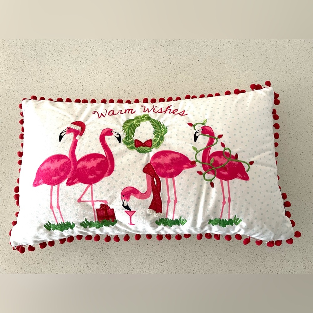 Festive Flamingo Holiday throw Pillow with embroidered and tassel accents